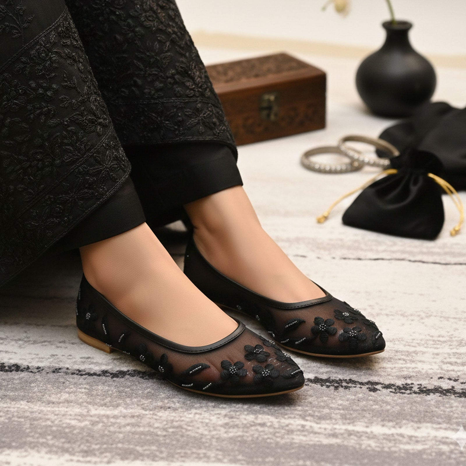 Black Floral Mesh Flats