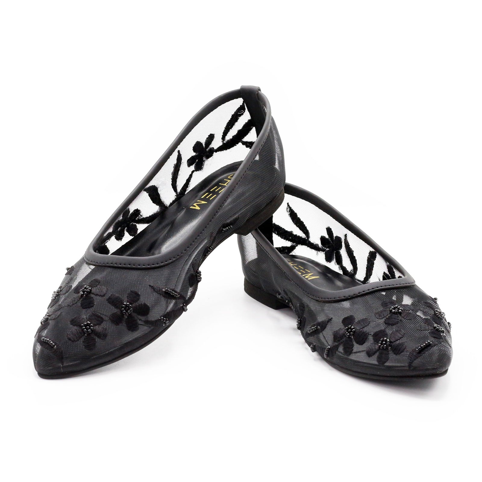 Black Floral Mesh Flats