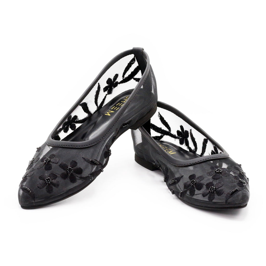 Black Floral Mesh Flats