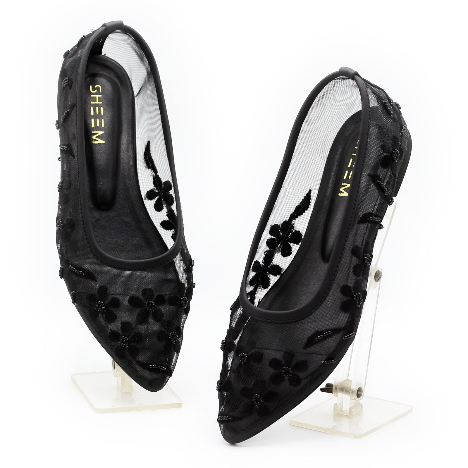 Black Floral Mesh Flats