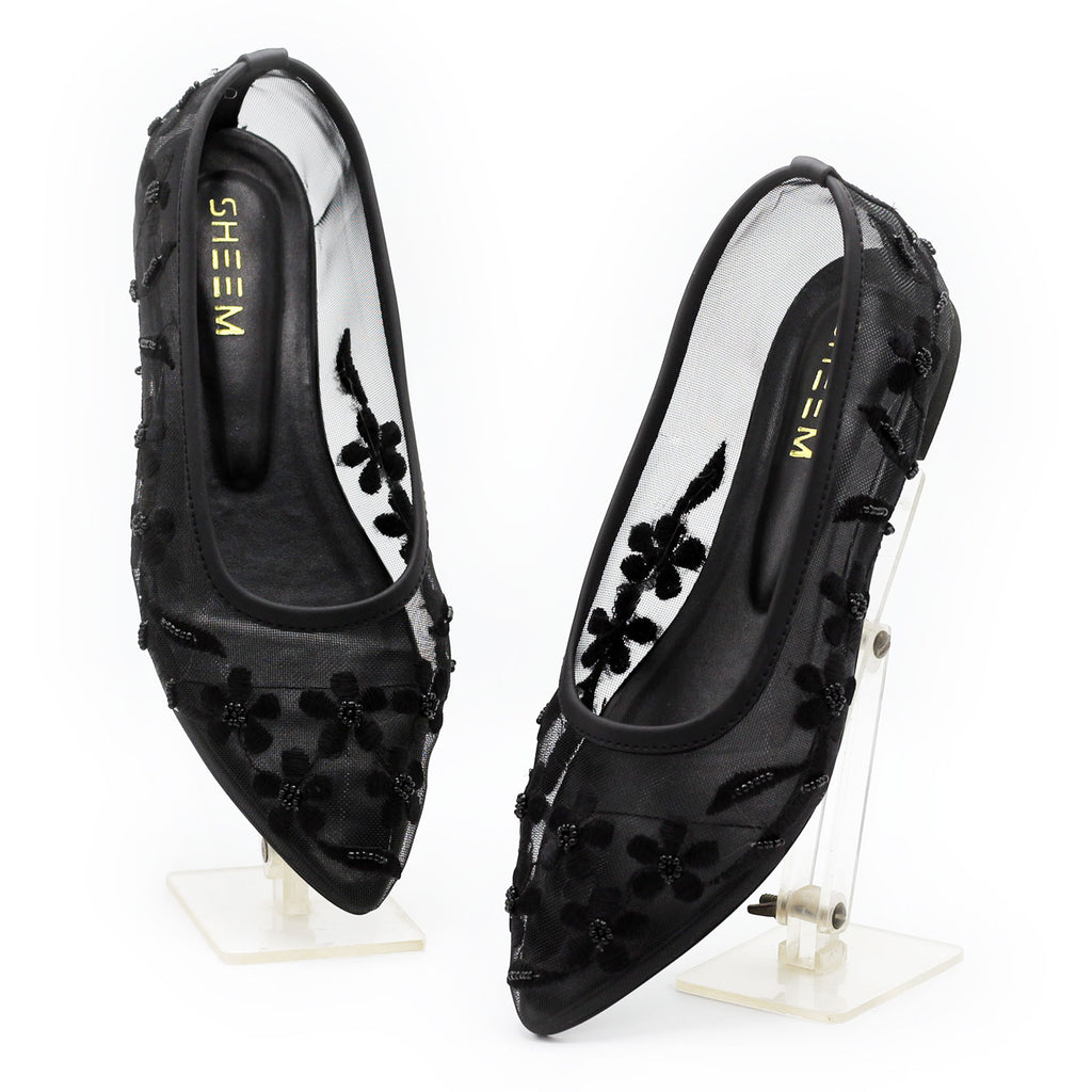 Black Floral Mesh Flats
