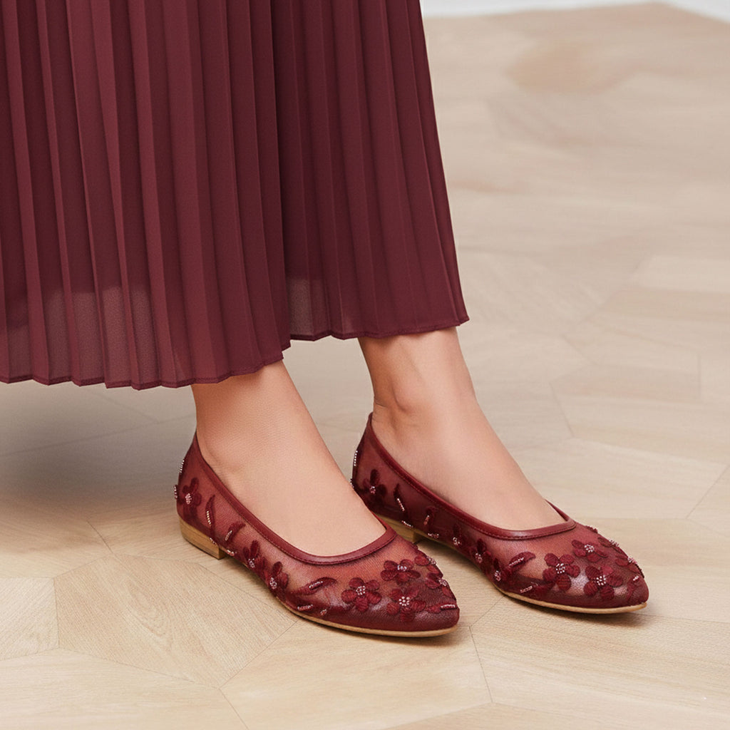 Burgundy Floral Mesh Flats