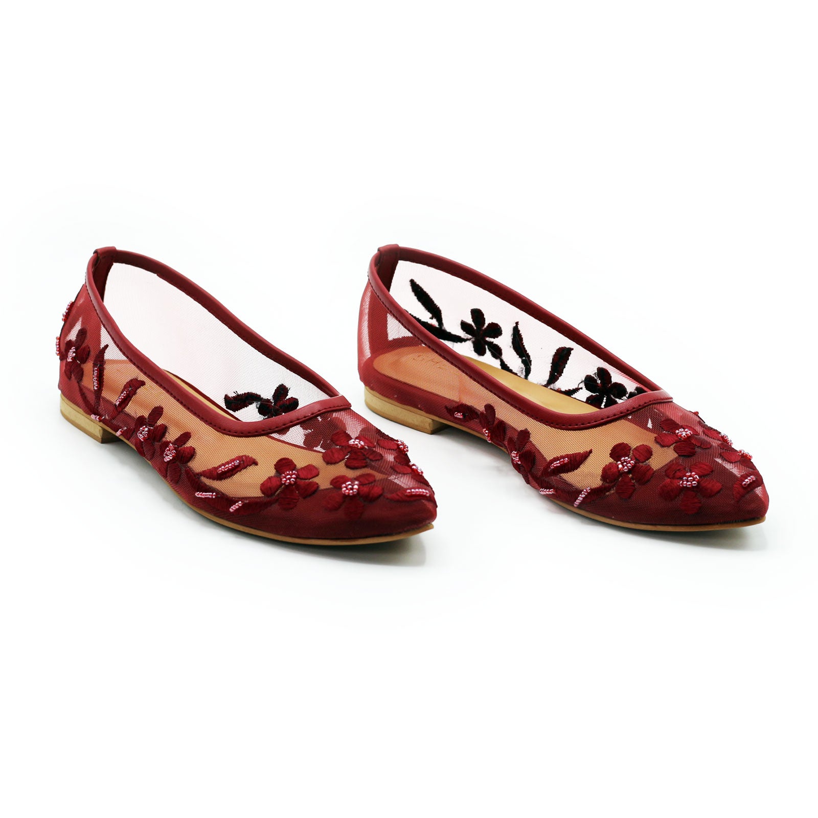 Burgundy Floral Mesh Flats