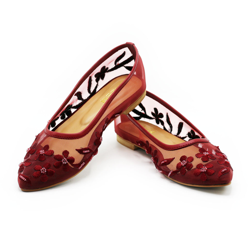 Burgundy Floral Mesh Flats