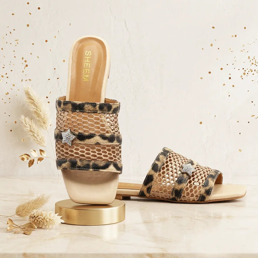 Cheetah Mesh Square Slides Beige