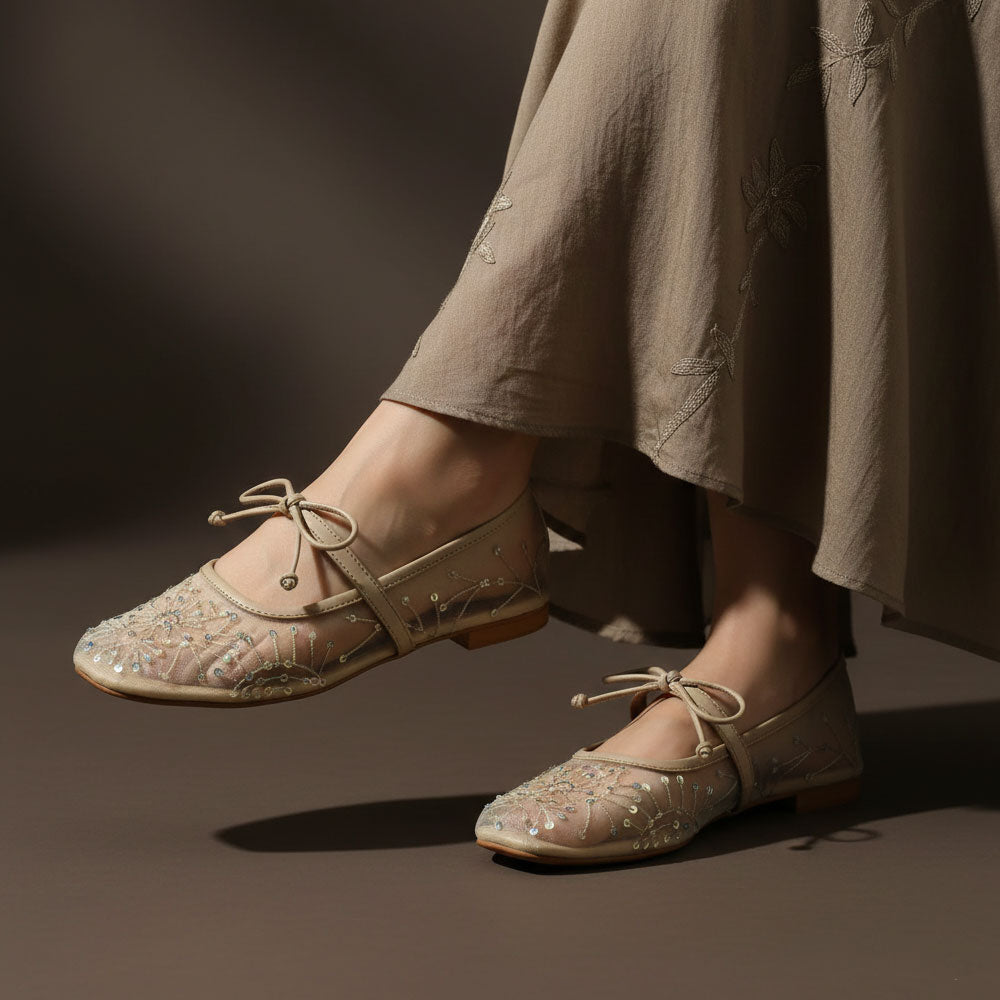 Embroidery Lace Mesh Mary Jane Beige