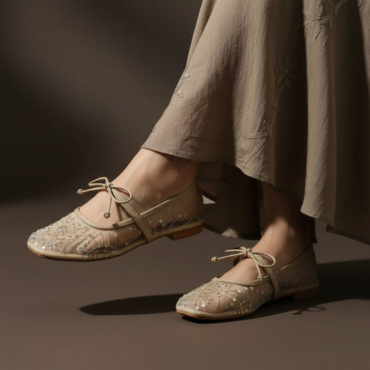 Embroidery Lace Mesh Mary Jane Beige