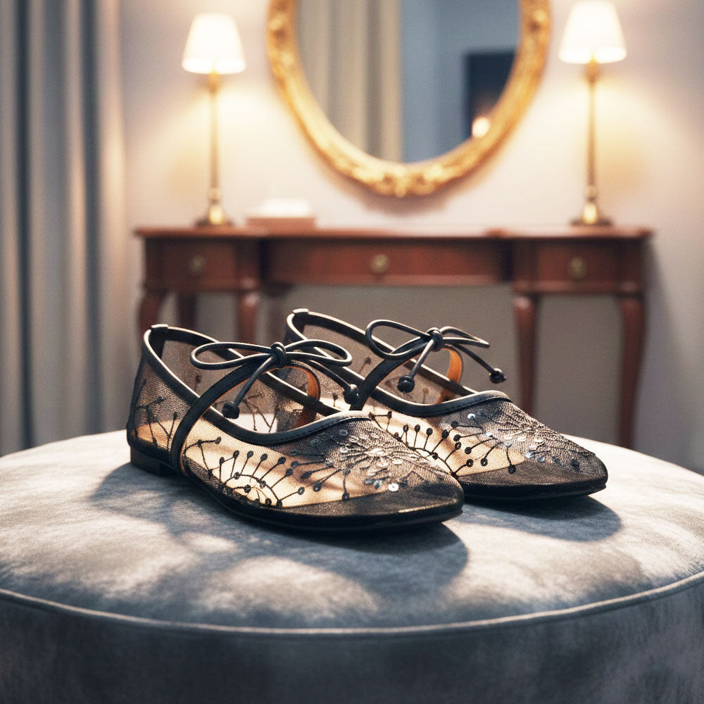 Embroidery Lace Mesh Mary Jane Black