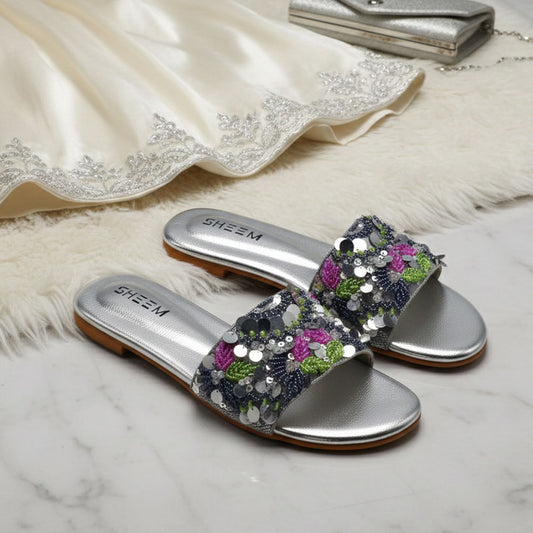 Hand Beaded Silver Slides
