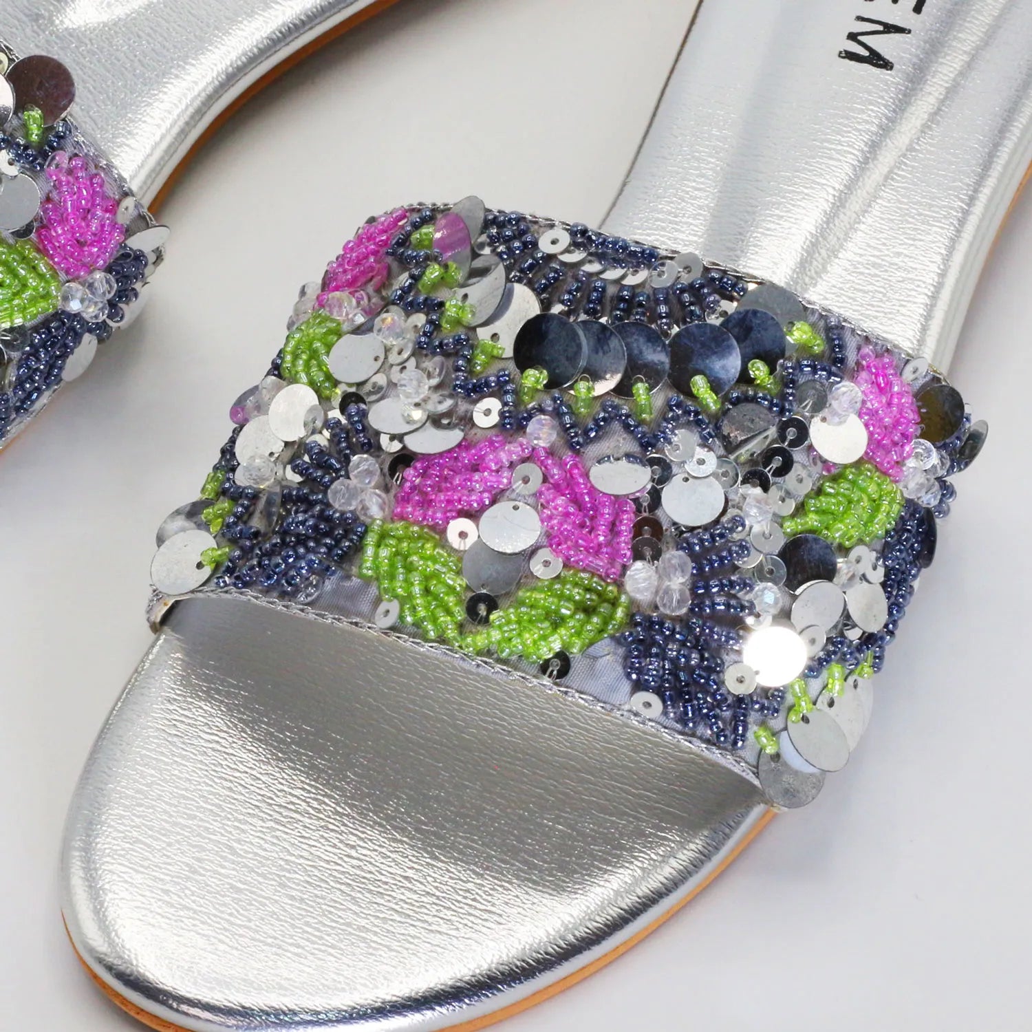 Hand Beaded Silver Slides