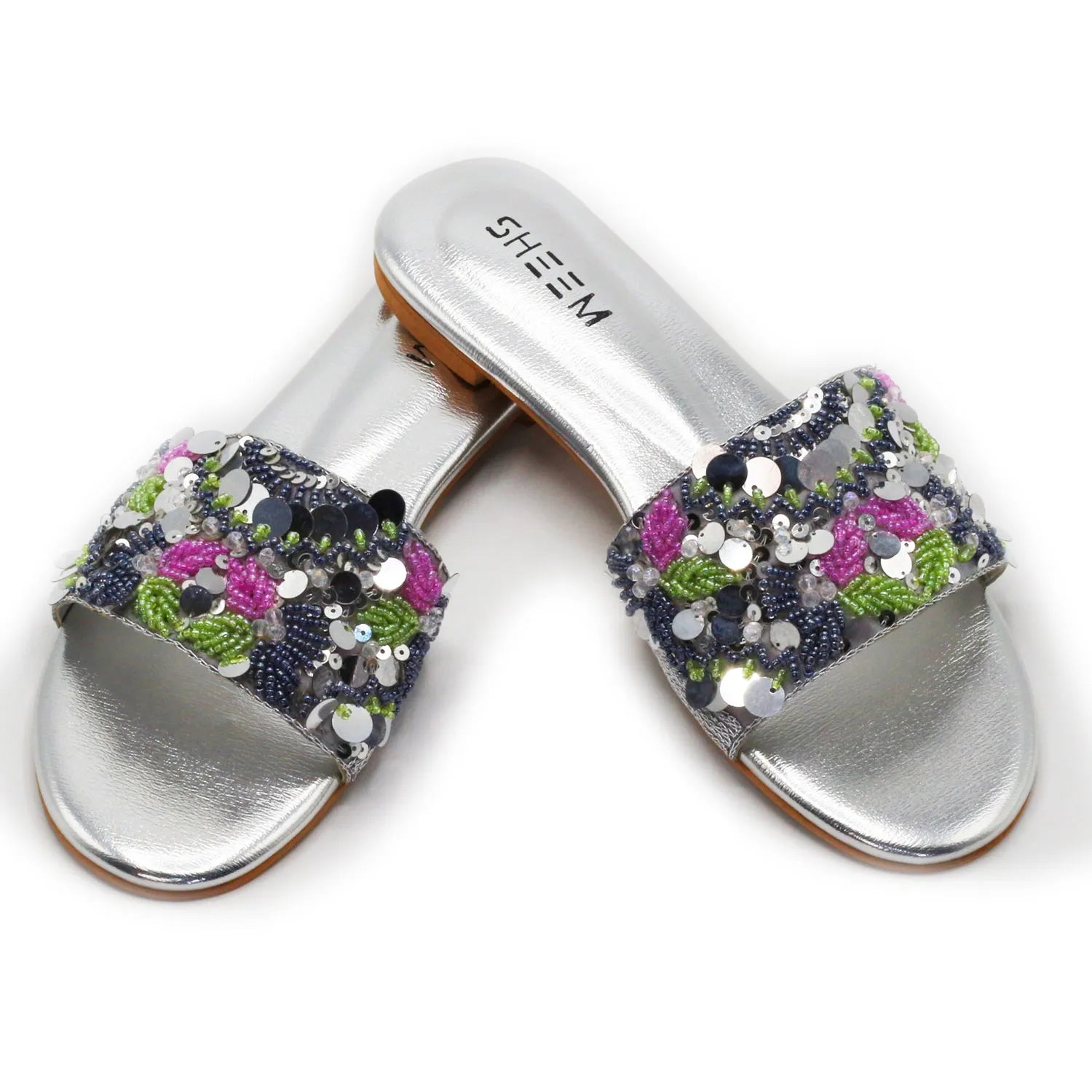 Hand Beaded Silver Slides