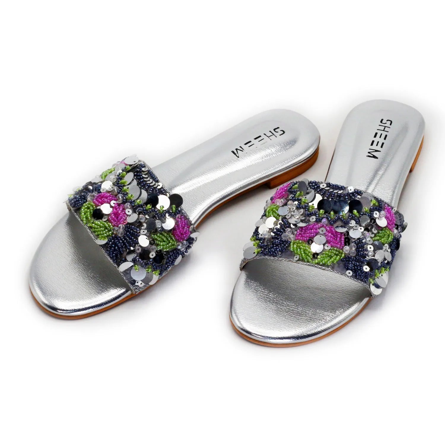Hand Beaded Silver Slides