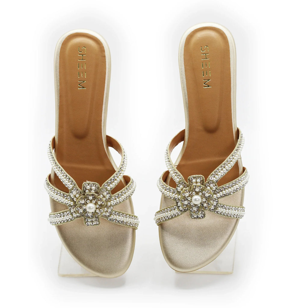 Hand Embroidered Fancy Flats Slippers Golden