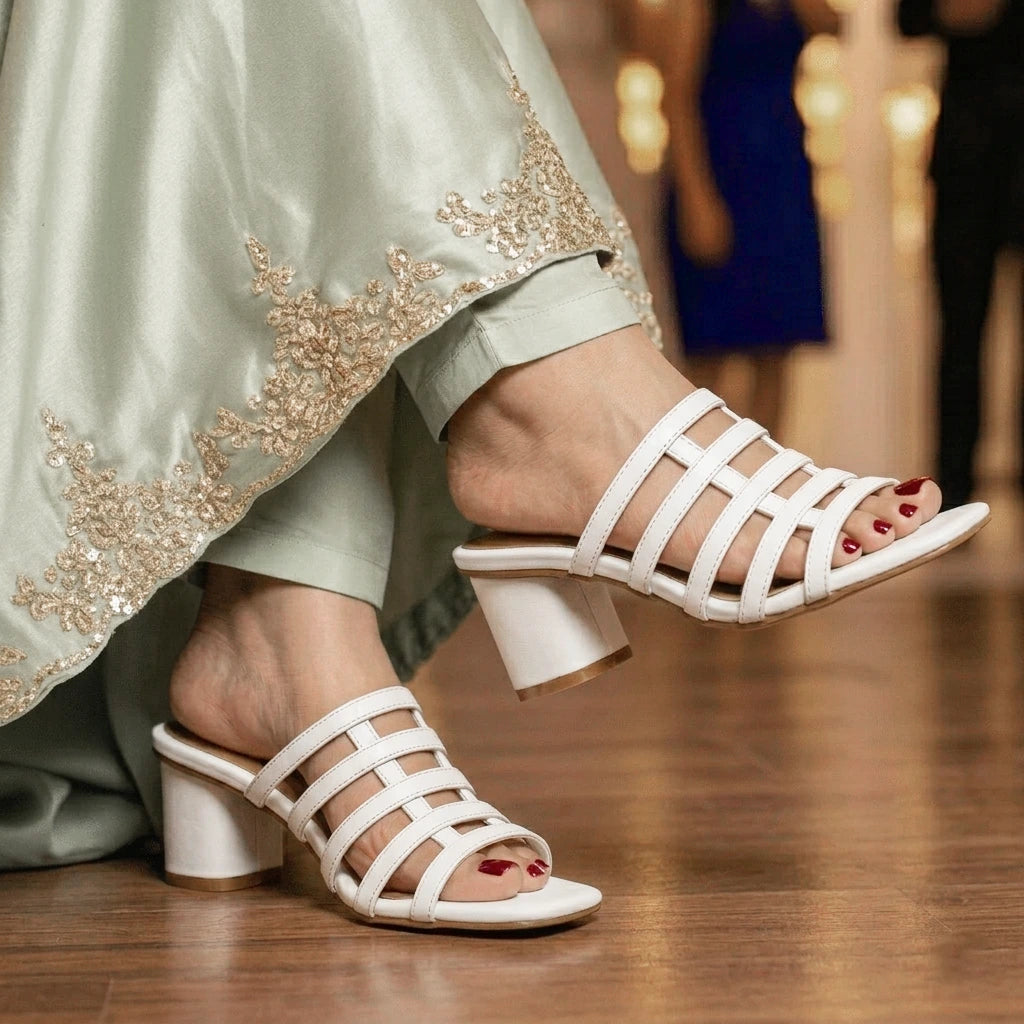 Strap Block Heels White