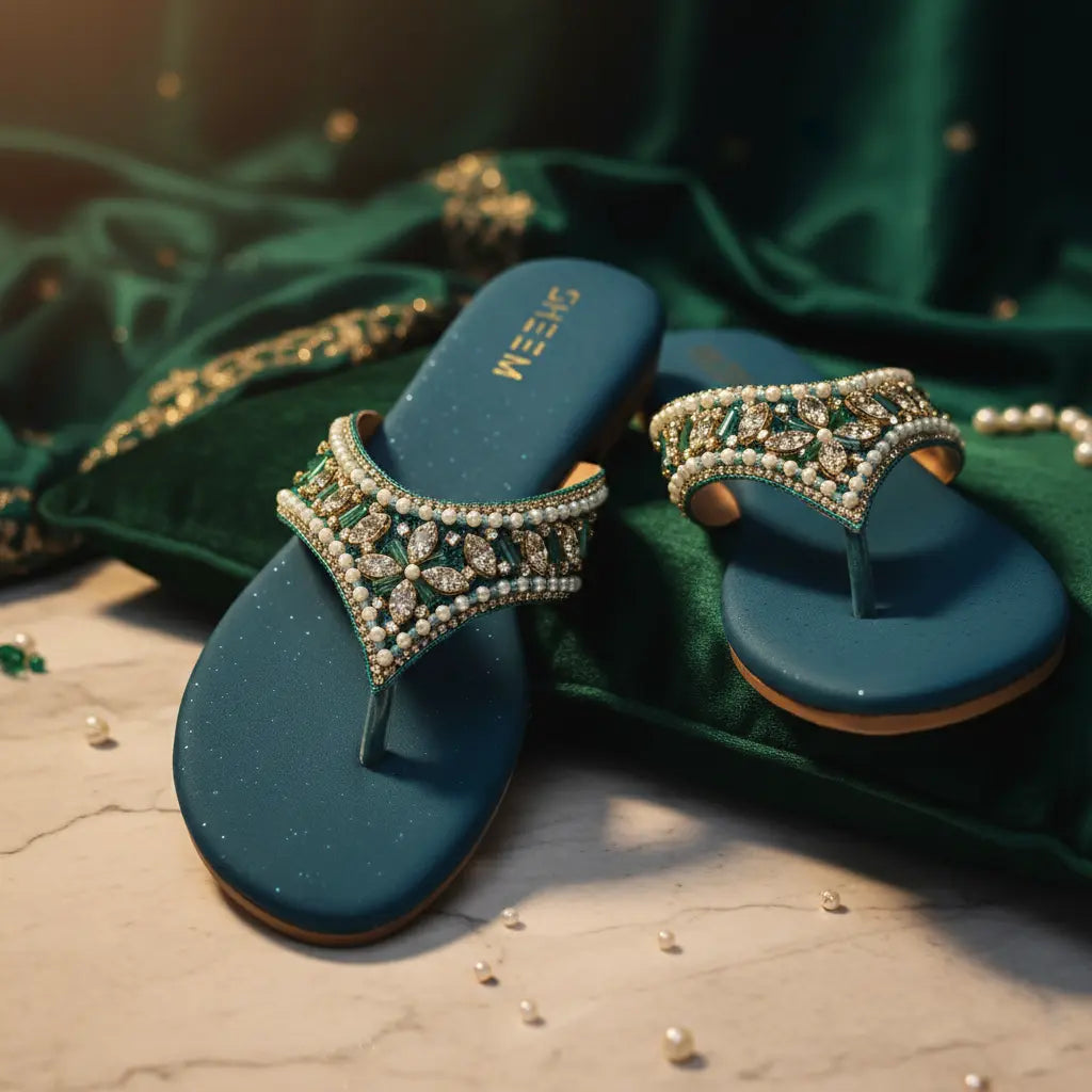 Teal Embroidery Wedding Slipper