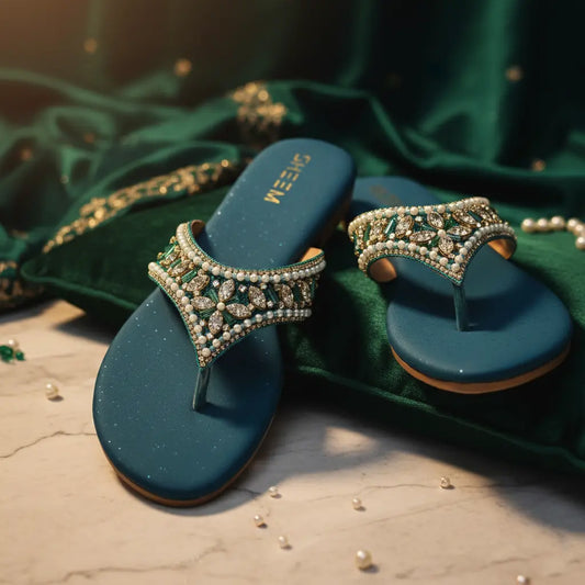 Embroidery Wedding Slipper Teal