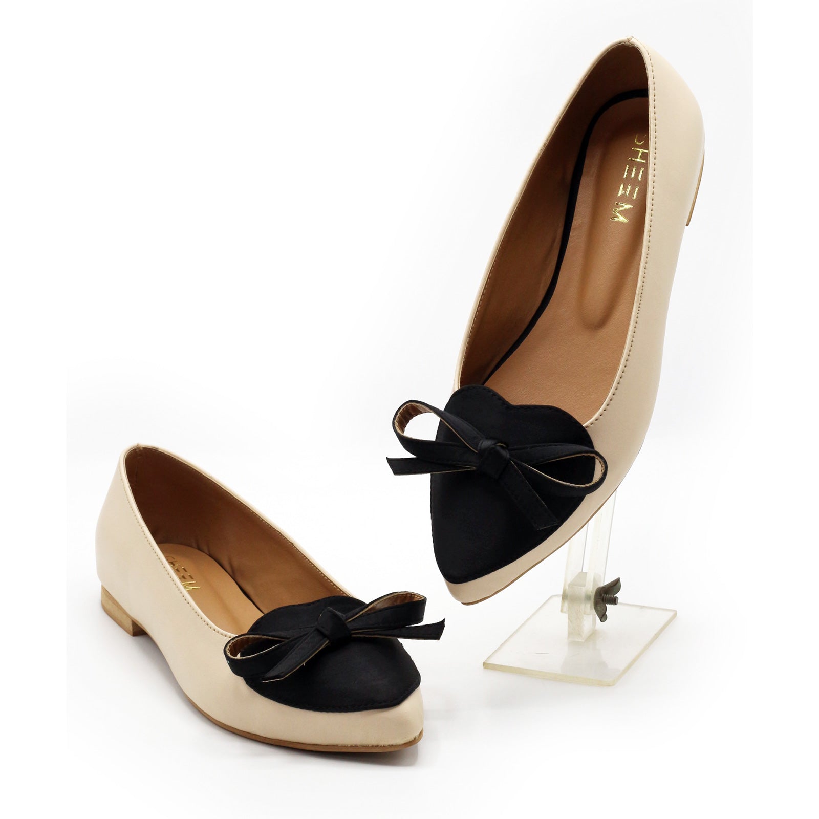 Two Tone Bow Flats in Beige Noir