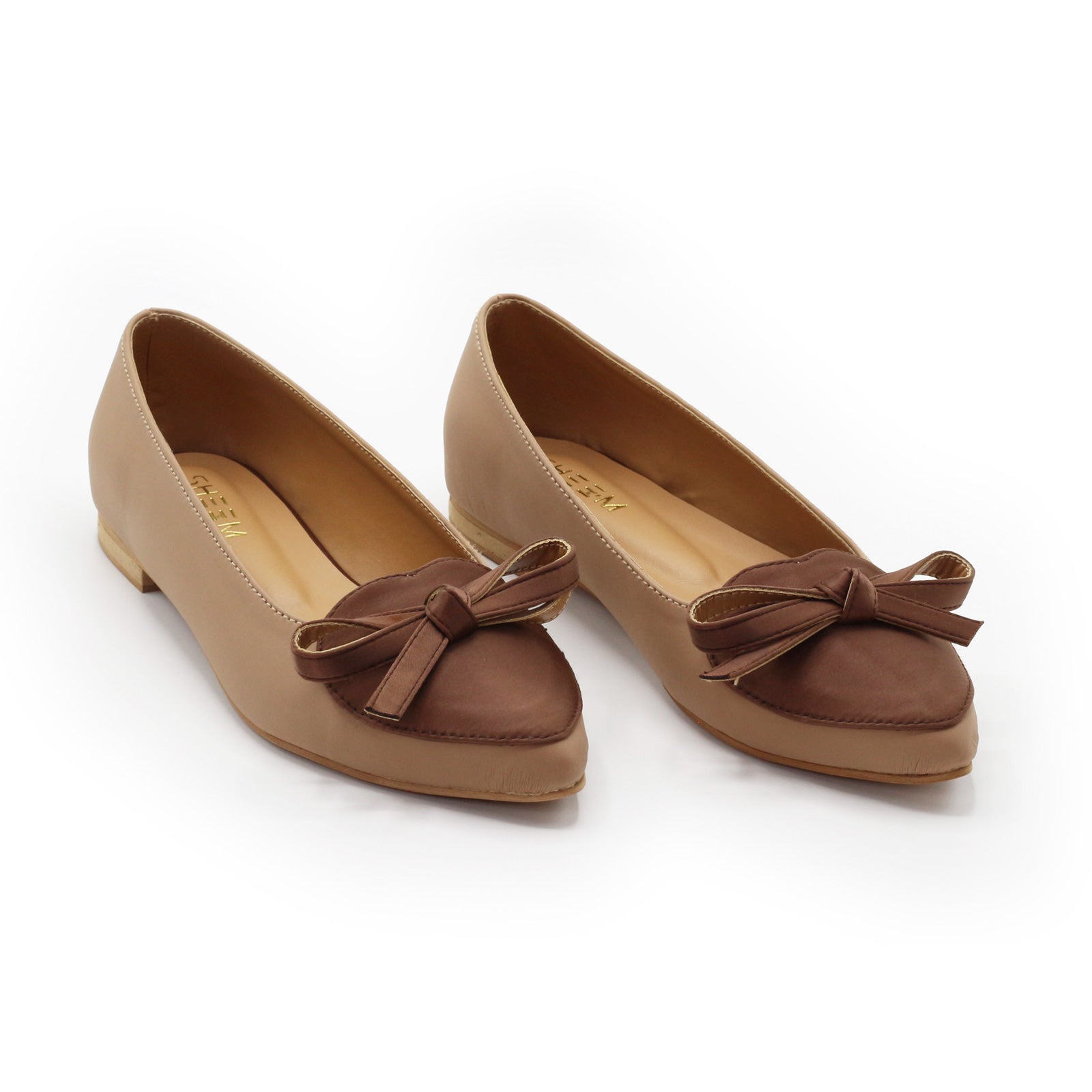 Two Tone Bow Flats In Caramel Nude