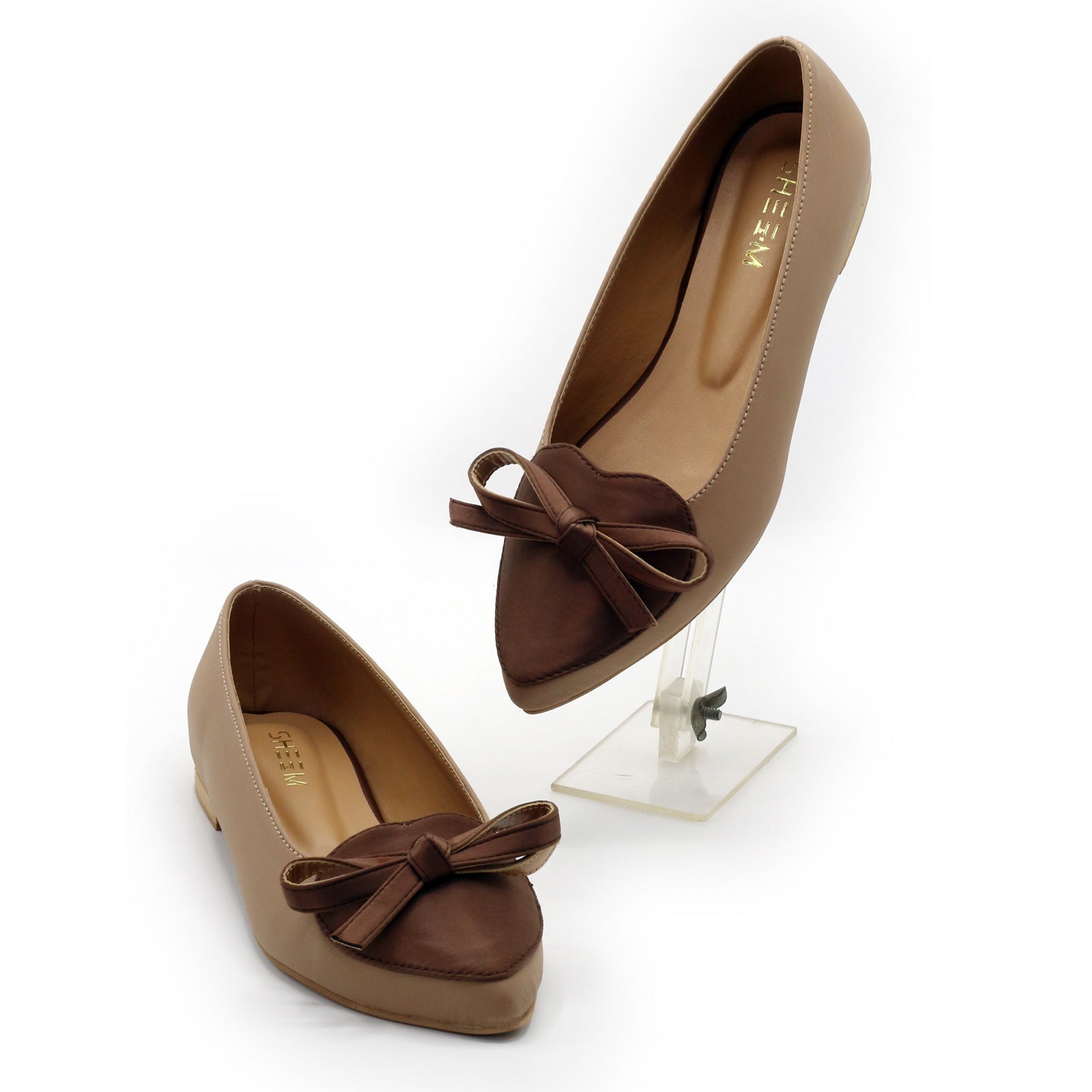Two Tone Bow Flats In Caramel Nude