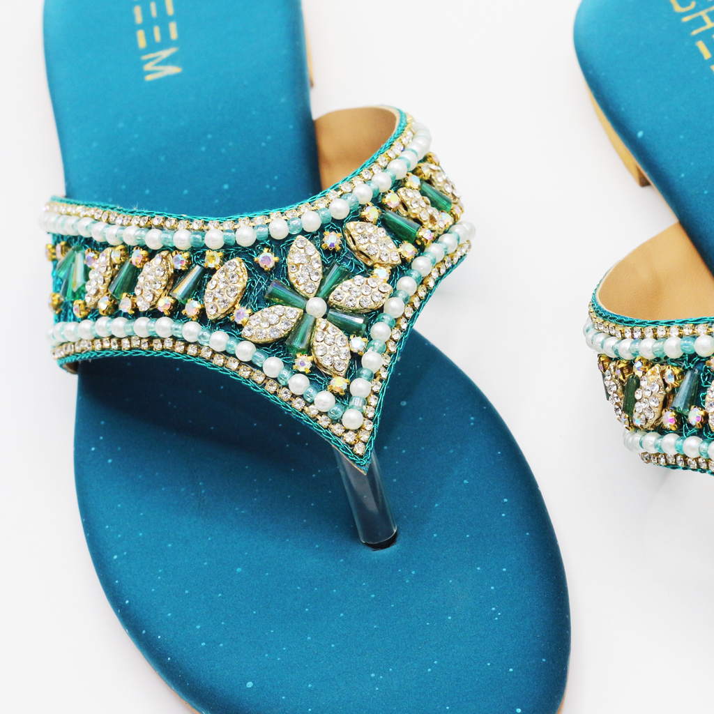Teal Embroidery Wedding Slipper
